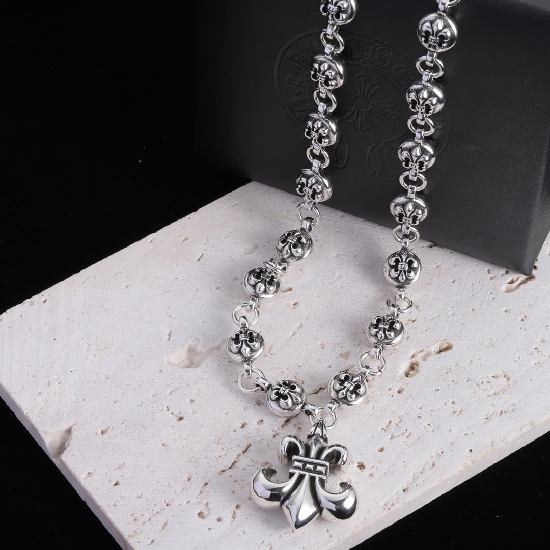 Chrome Hearts Sterling Silver Fleur-de-lis Rosary Necklace